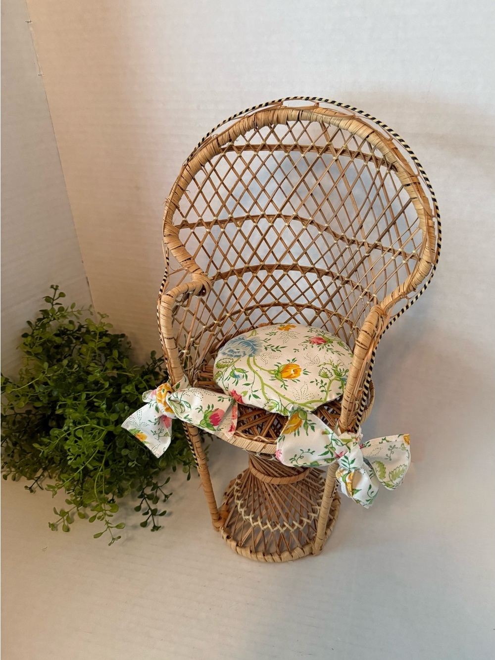 Wicker rattan miniature peacock chair for Dolls or Plant stand